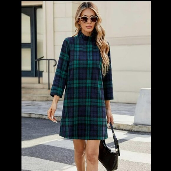 Blue Tartan Wool Bow Shift Dress Sz XXL - Picture 3 of 16